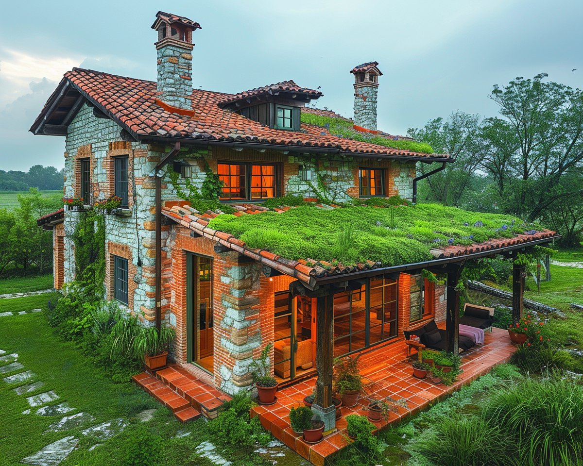 Une vieille maison, avec une extension et de la mousse sur le toit