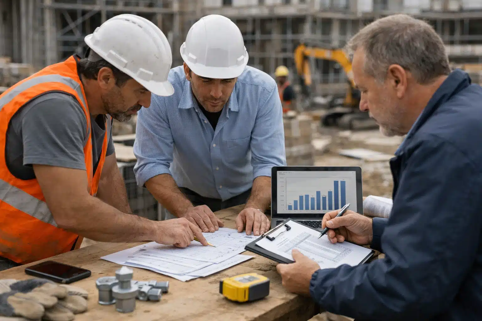 Trois ouvriers en casques examinant plans et tablette