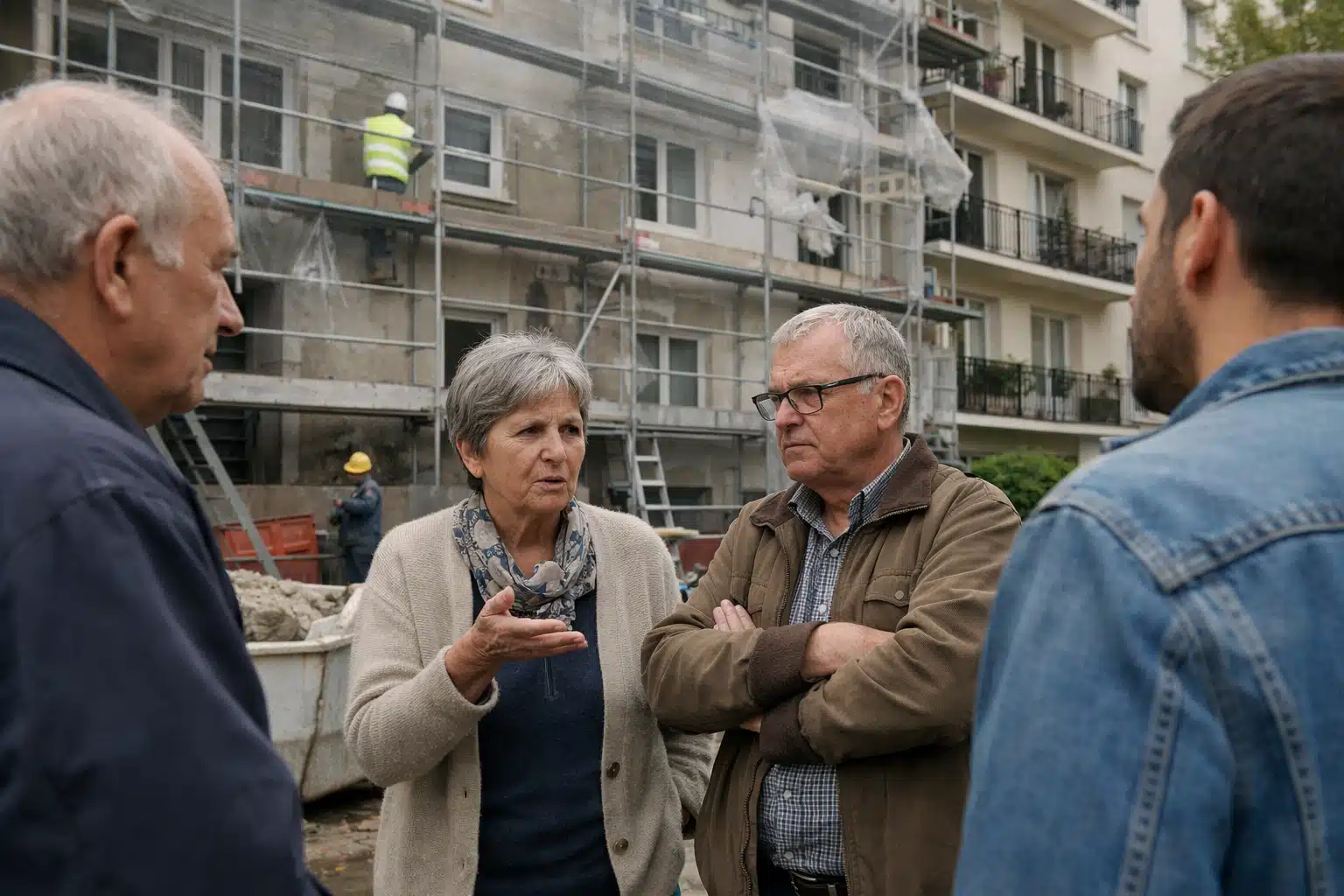 Femme et homme âgés discutant devant immeuble avec échafaudage