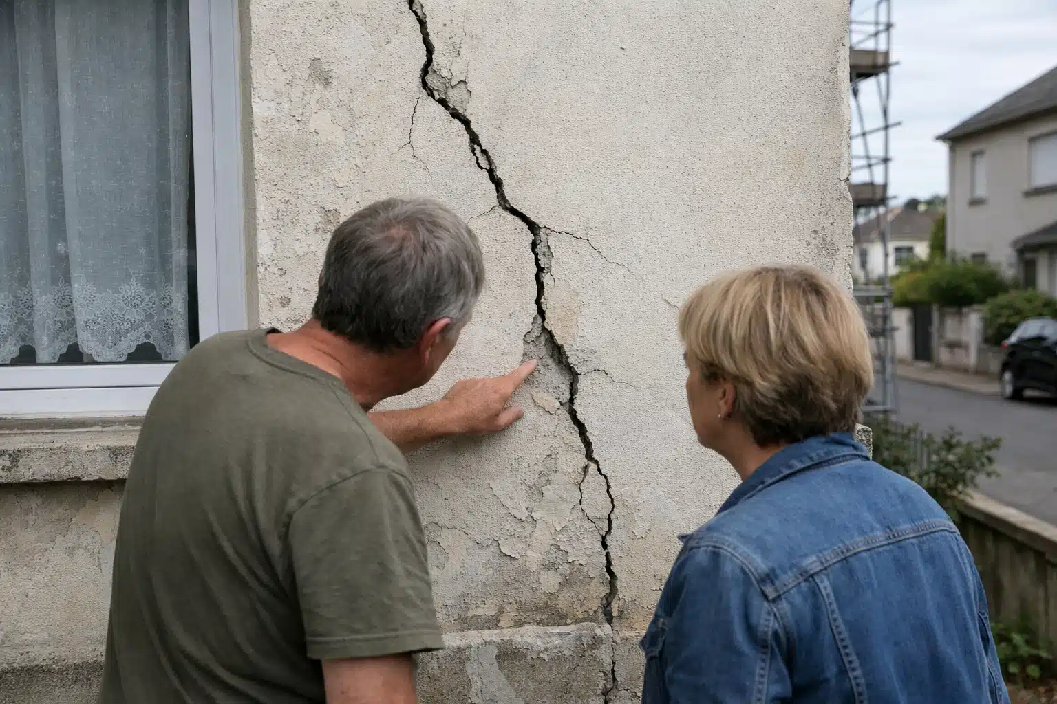 Deux personnes examinant une fissure verticale au mur