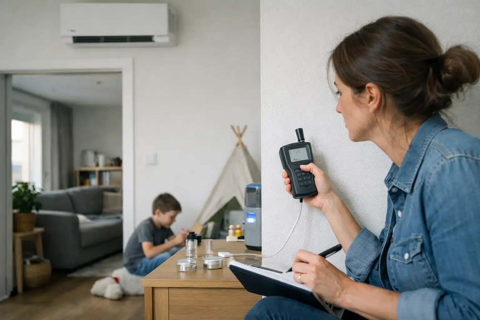 Femme tenant un talkie-walkie, garçon sur ordinateur