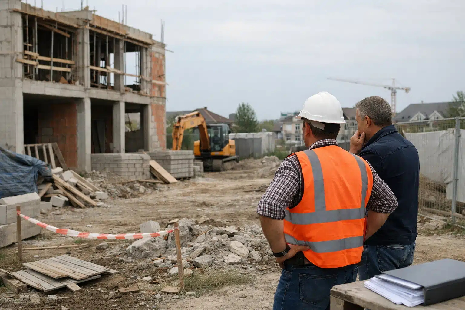 Deux ouvriers en gilets orange et casques sur chantier