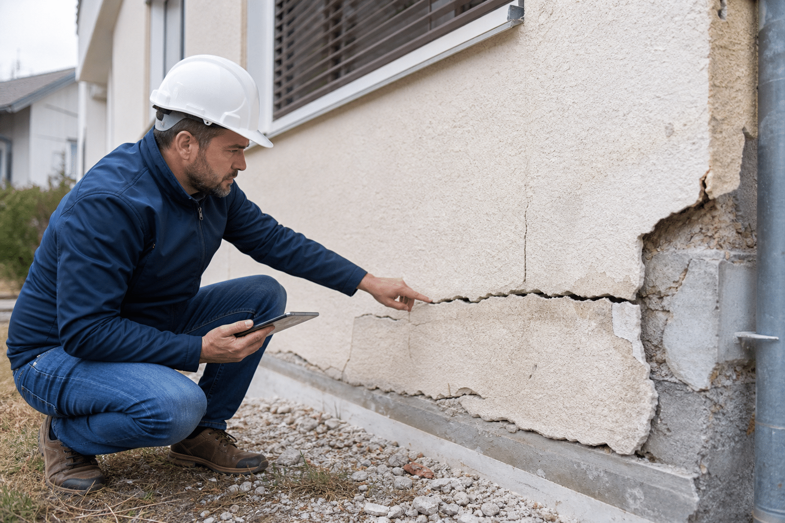 Ouvrier en casque pointant une fissure dans le mur