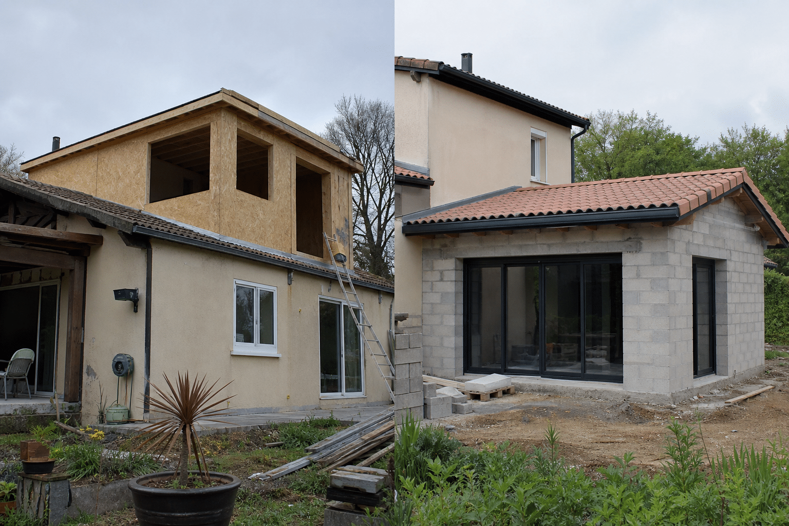 Maison avec extension en construction et baie vitrée