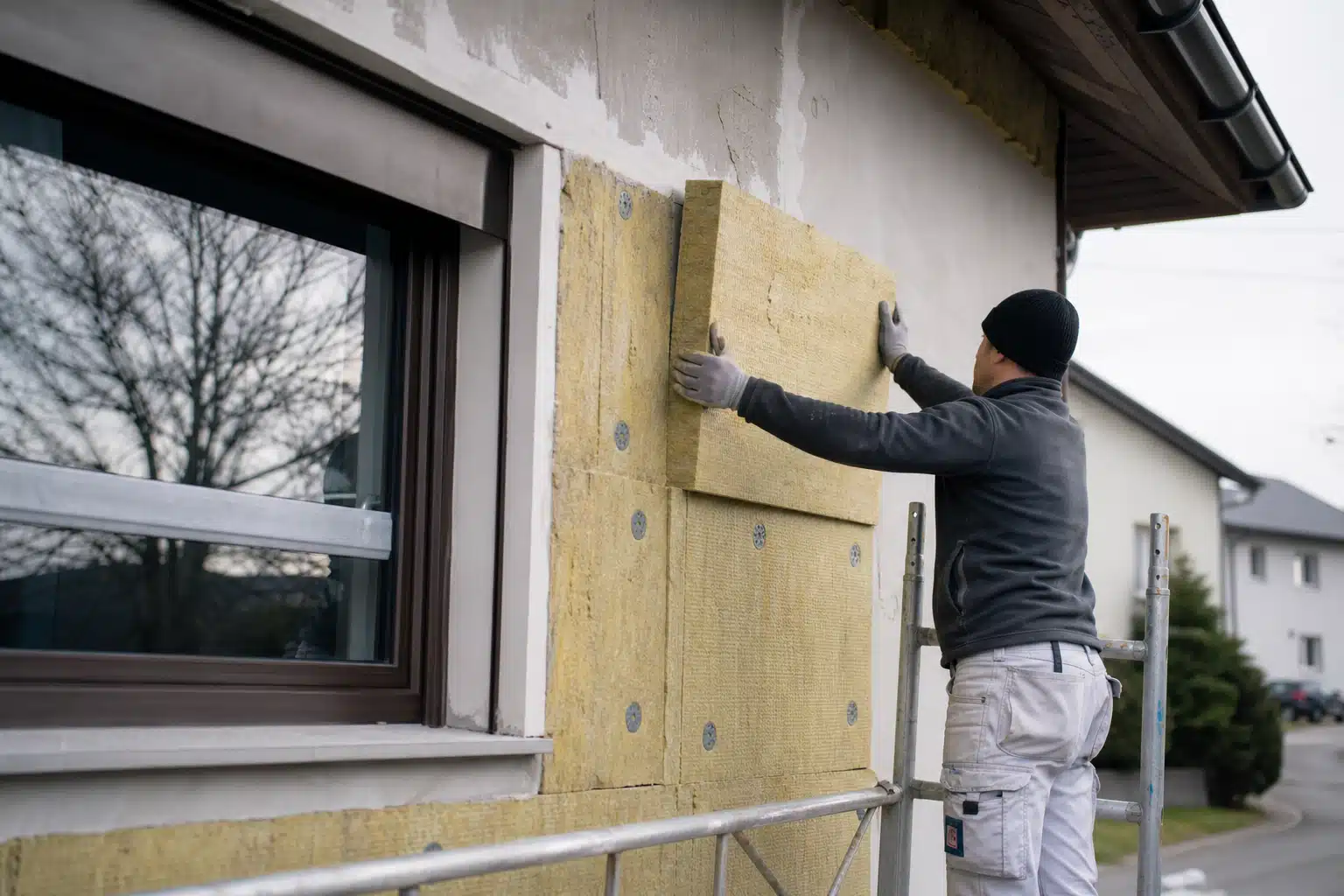 Ouvrier posant un panneau isolant sur façade près fenêtre