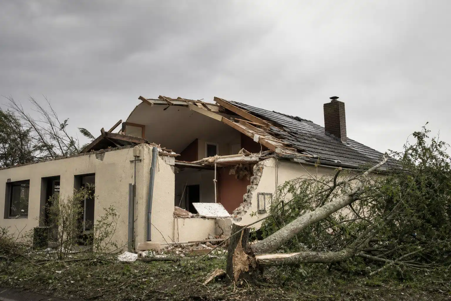 Maison partiellement détruite, toit effondré et arbre tombé